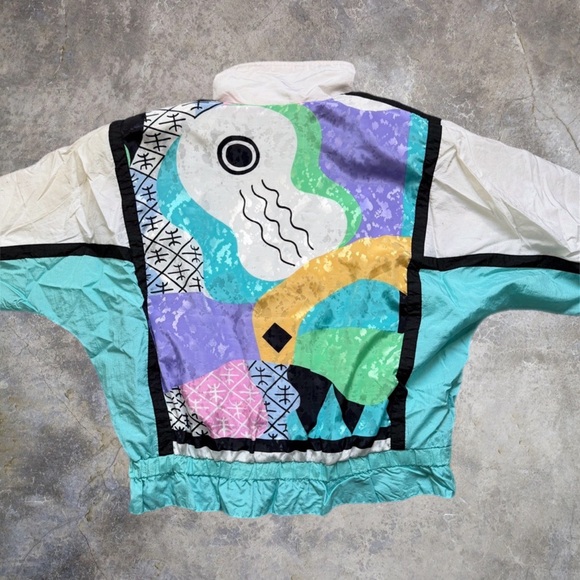 Vintage 90s East West Abstract Pop Art Light Blue Multi Color Windbreaker Jacket - Picture 9 of 9